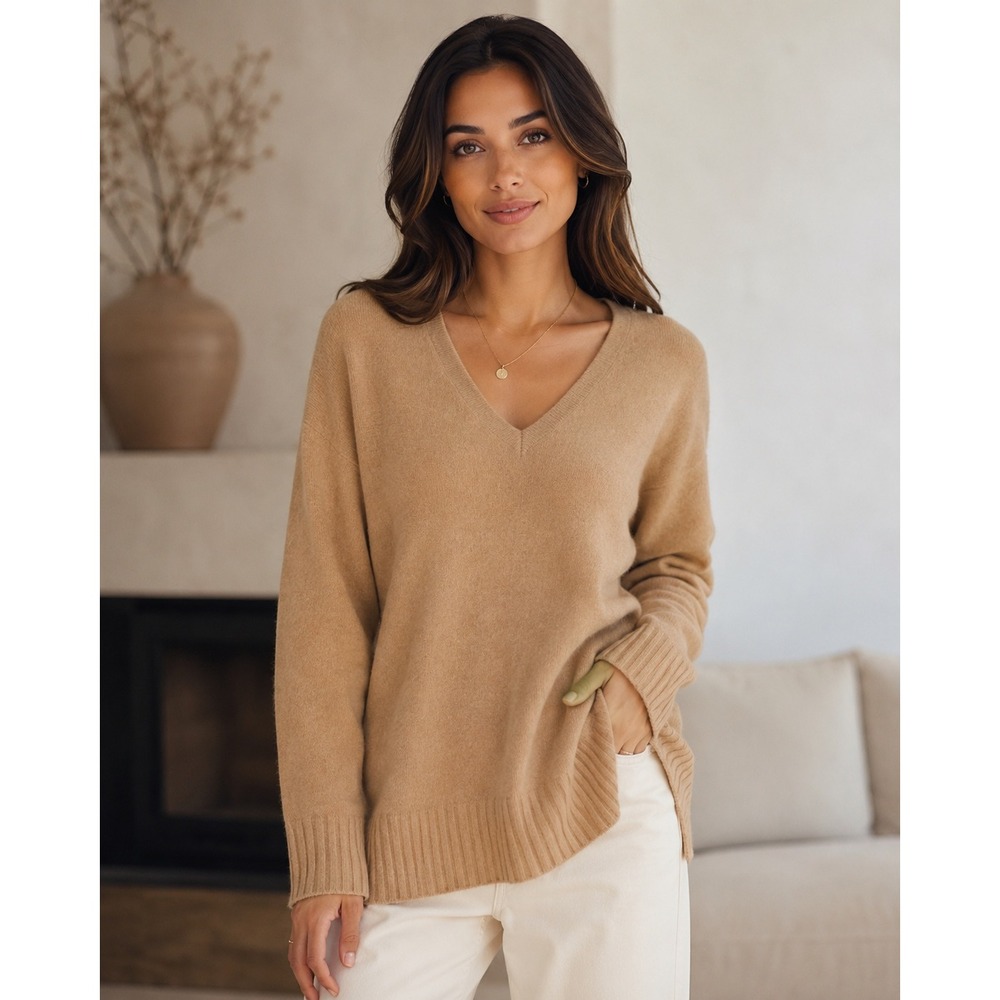 Anthropologie Cozy Luxe Cashmere VNeck Sweater Quiet Luxury Tan S Elevated Basic